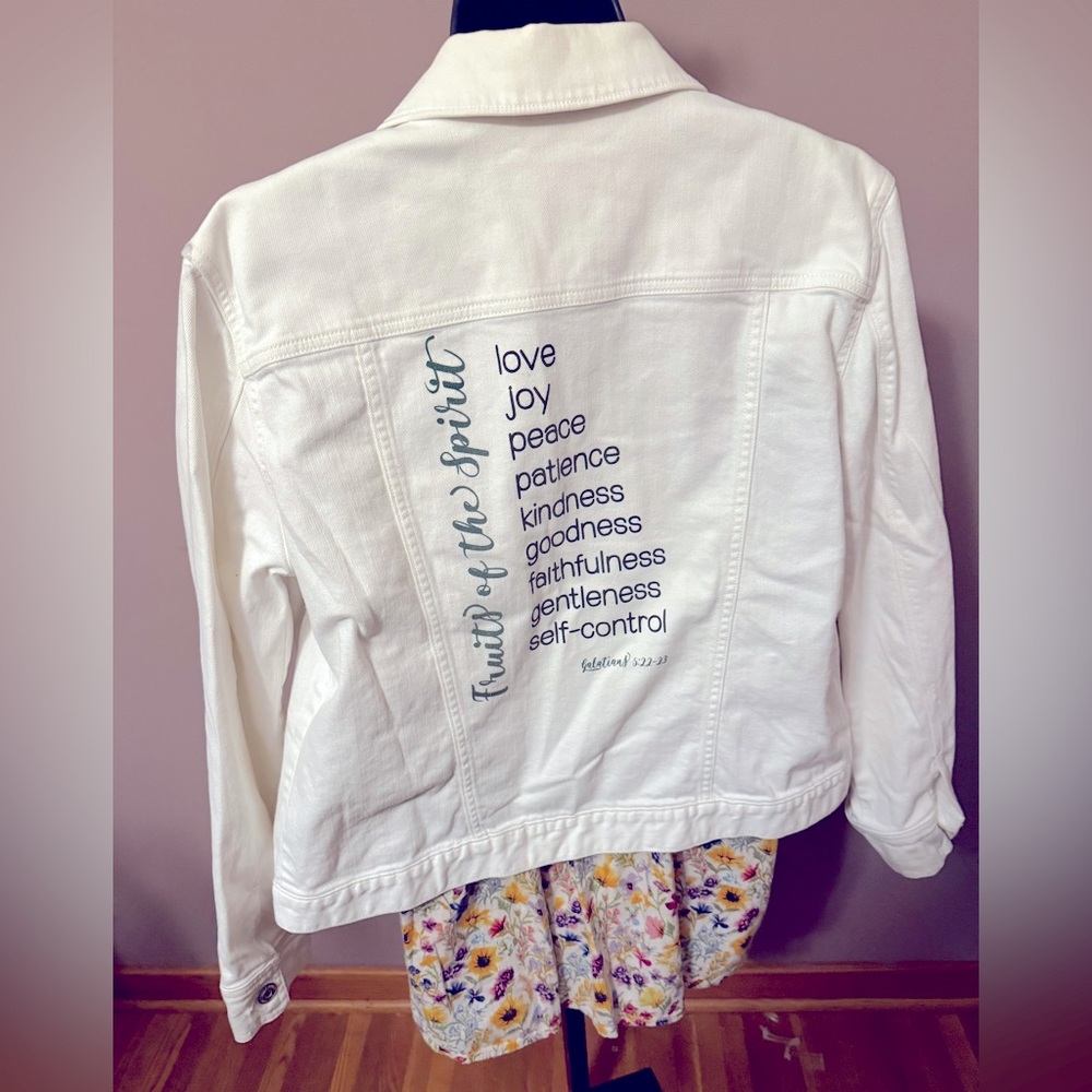 Custom one of a kind white size XL women’s jean jacket Fruits of the Spirit